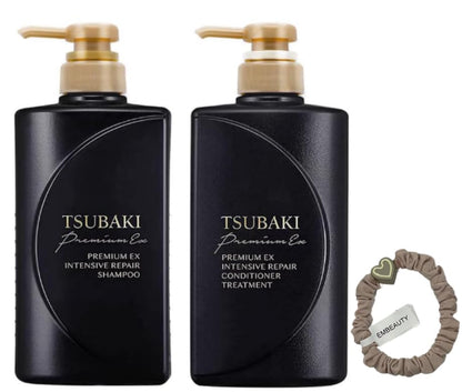 TSUBAKI Premium Black Set- EX Ion Repair Shampoo 490ml+Conditioner 490ml+40g Hair Mask+1 hair tie